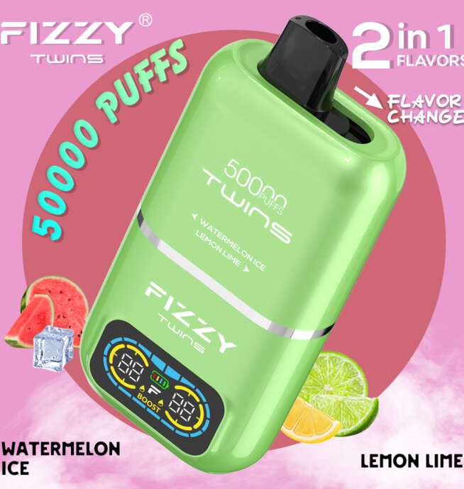Fizzy Twins 50000 Puffs ergonomiczny design, vape w dłoni, wygodny ustnik, przenośny e-papieros - Fizzy Twins 50000 50k Puffs 2% 5% Nikotynowy podwójny smak ...