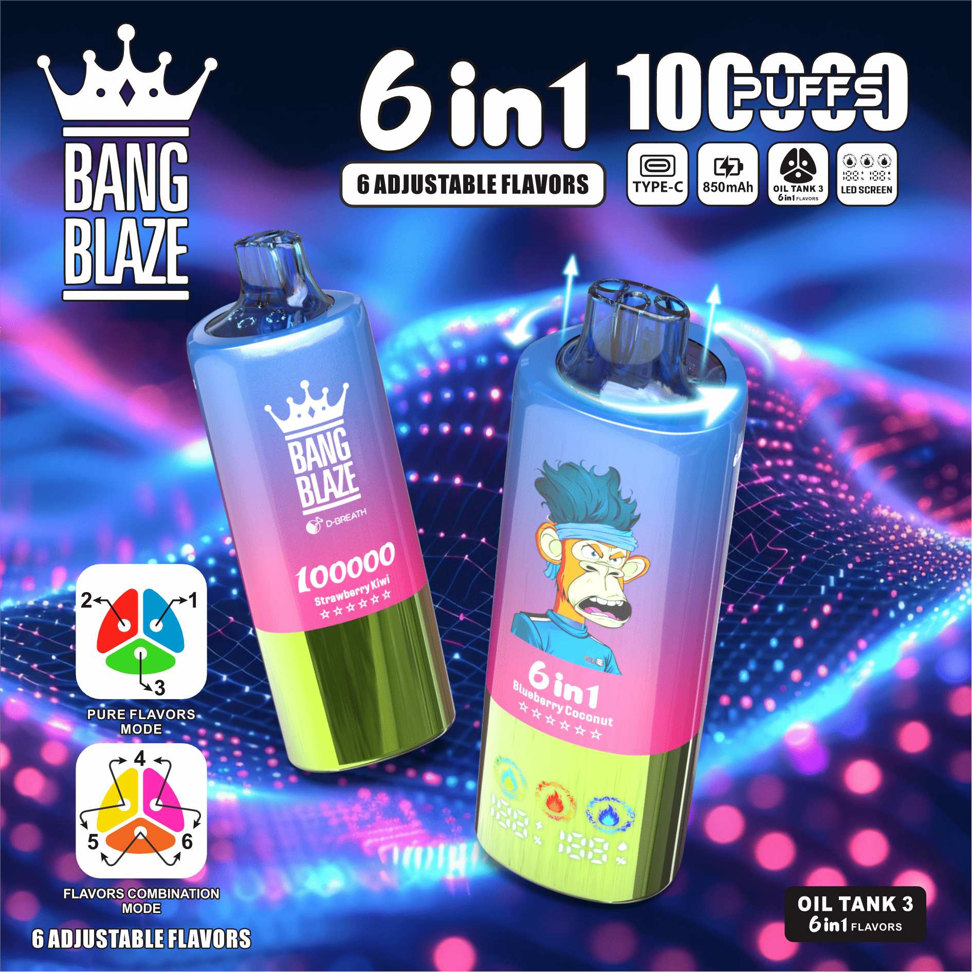 Bang Blaze wyświetlacz, ekran vape, poziom baterii i liquidu e-papieros, wskaźnik vape - Bang Blaze 100000 Züge 6-in-1 | 3 Tanks | LED-Display