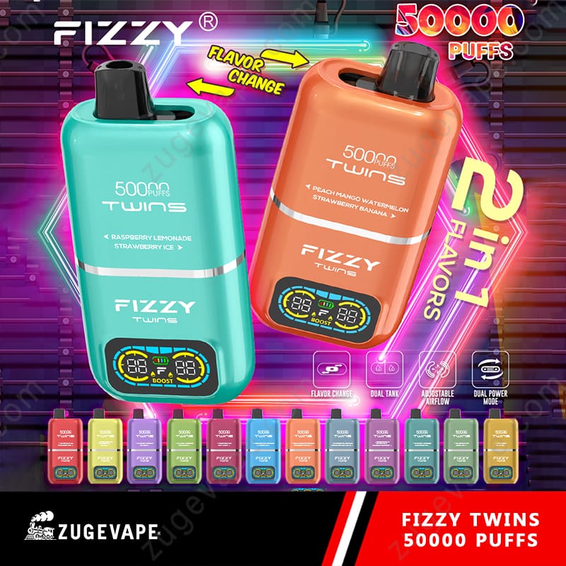 Fizzy Twins 50000 puffs specyfikacja techniczna, zaawansowany e-papieros, dual mesh coil vape, wyświetlacz e-liquidu i baterii - Fizzy Twins 50000 Puffs 50k Double Flavor Disposable Vape EU ...