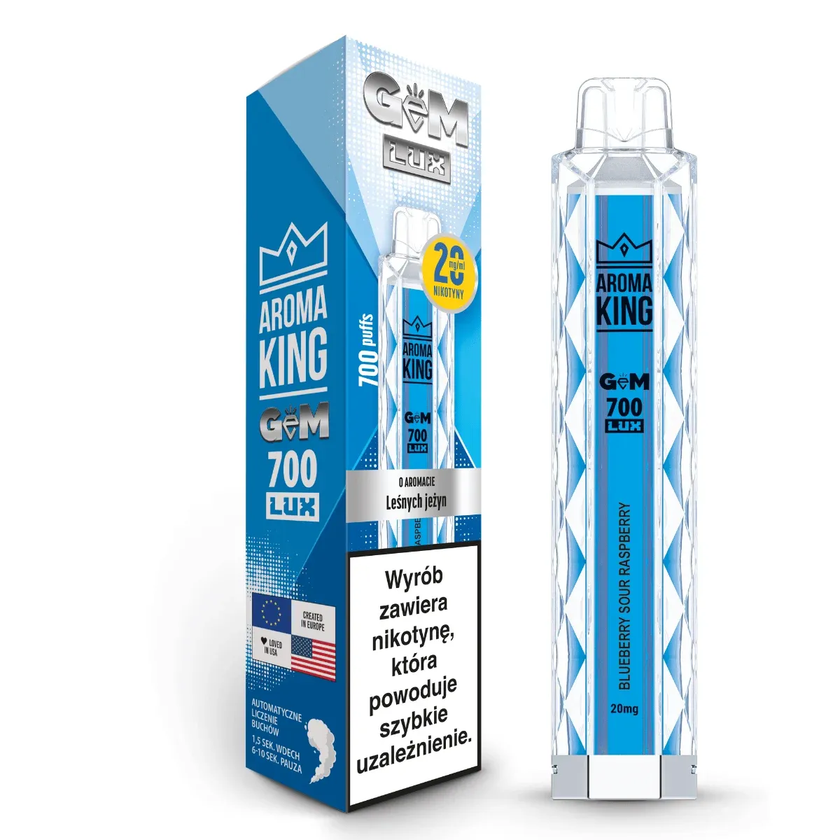 Blue Sour Raspberry smak vape, niebieska malina kwaśna, symbolika smaku e-papierosa - Aroma King 700 GEM LUX 20 mg Blueberry Sour Raspberry