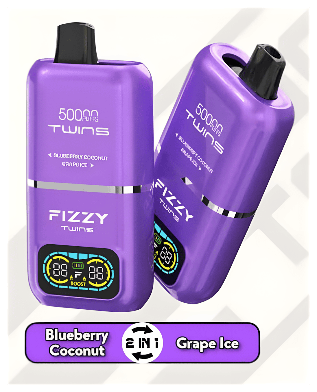 Fizzy Twins Blueberry Coconut Grape Ice, egzotyczne smaki vape, jagoda kokos winogrono lód e-liquid, kreatywne połączenia smaków vape - FIZZY TWINS DWUSMAKOWE 50000 PUFFS - E-papierosy Jednorazowe ...