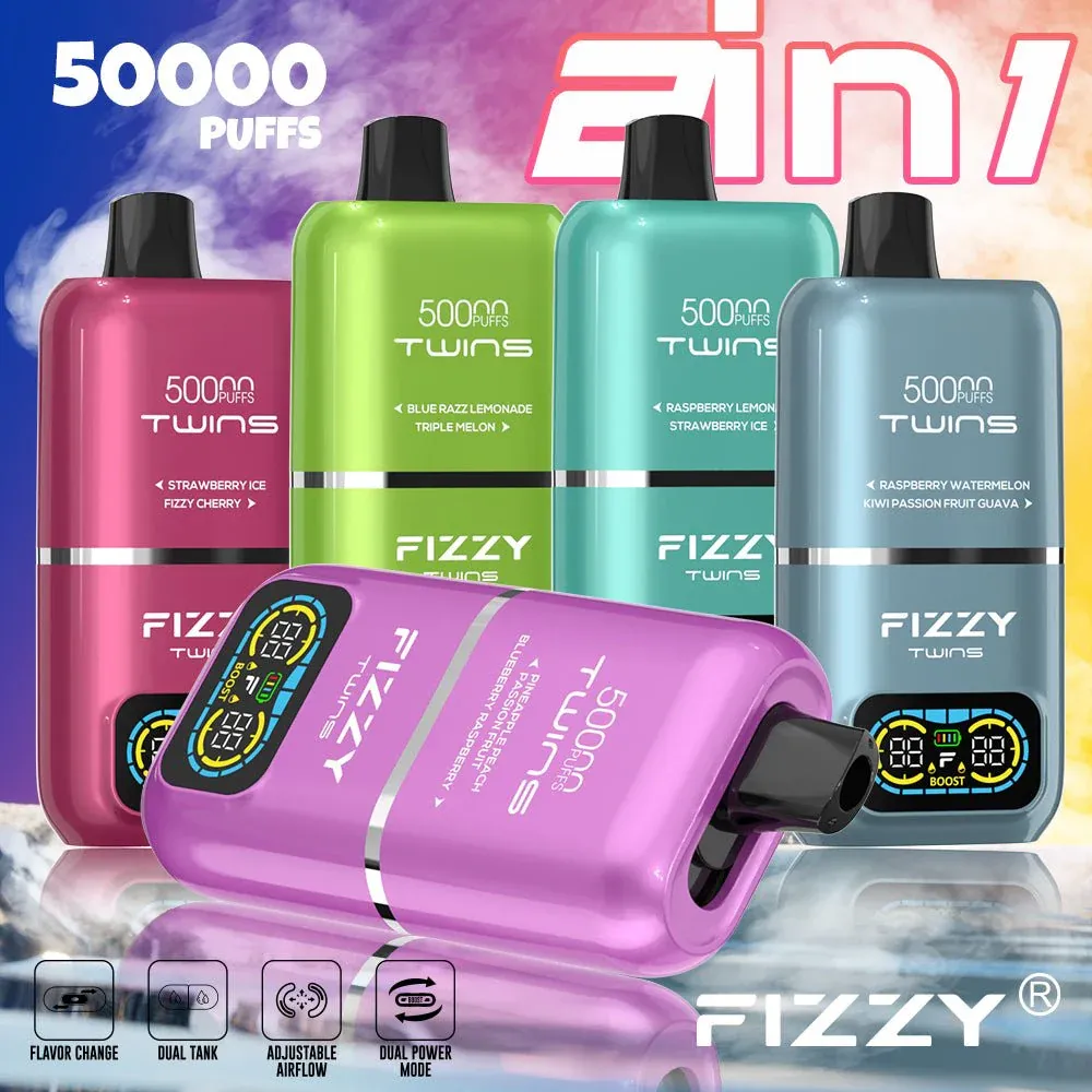 Fizzy Twins 50ml e-liquid, duża pojemność vape, długotrwały e-papieros, porównanie pojemności liquidu, vape bez dolewania - EU Warehouse FIZZY TWINS 50000 Puffs Disposable Vape Wholesale ...