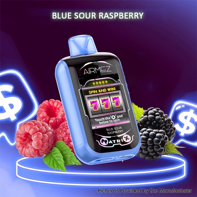 Airmez Matrix Pro Blue Sour Raspberry grafika, e-liquid malina kwaśna, vape smak jagodowy, owoce vape design - Buy Authentic AiRMEZ Matrix Pro 30K Disposable Vape Kit 800mAh 22ml