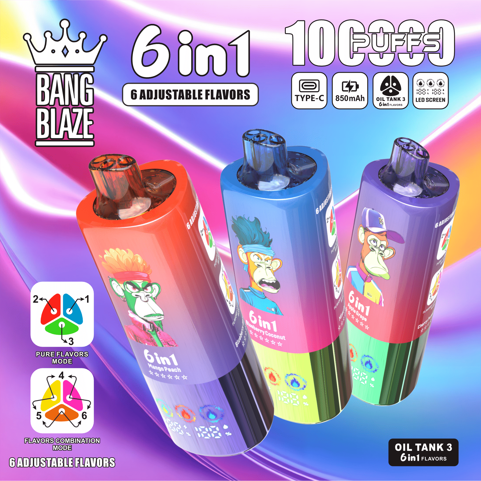 Bang Blaze wyświetlacz LED, ekran vape, wskaźnik baterii liquidu vape, jednorazowy e-papieros z ekranem, cyfrowy wyświetlacz vape - Bang Blaze 100000 Züge 6-in-1 | 3 Tanks | LED-Display