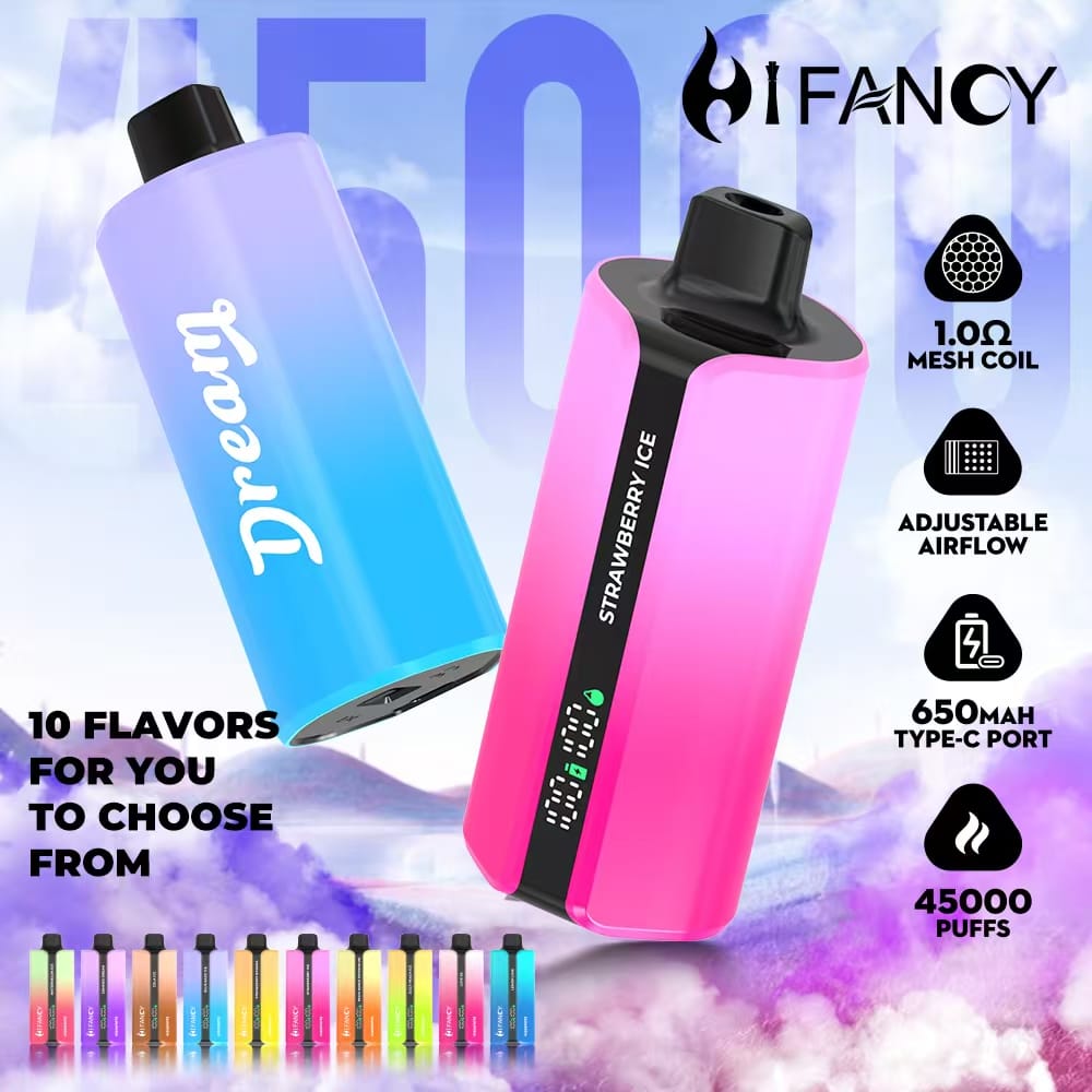 Hifancy Dream 45000 puffs porównanie, stos małych jednorazówek obok dużego vape, długowieczność e-papierosa - 45000 Buchów? Hifancy Dream najtaniej
