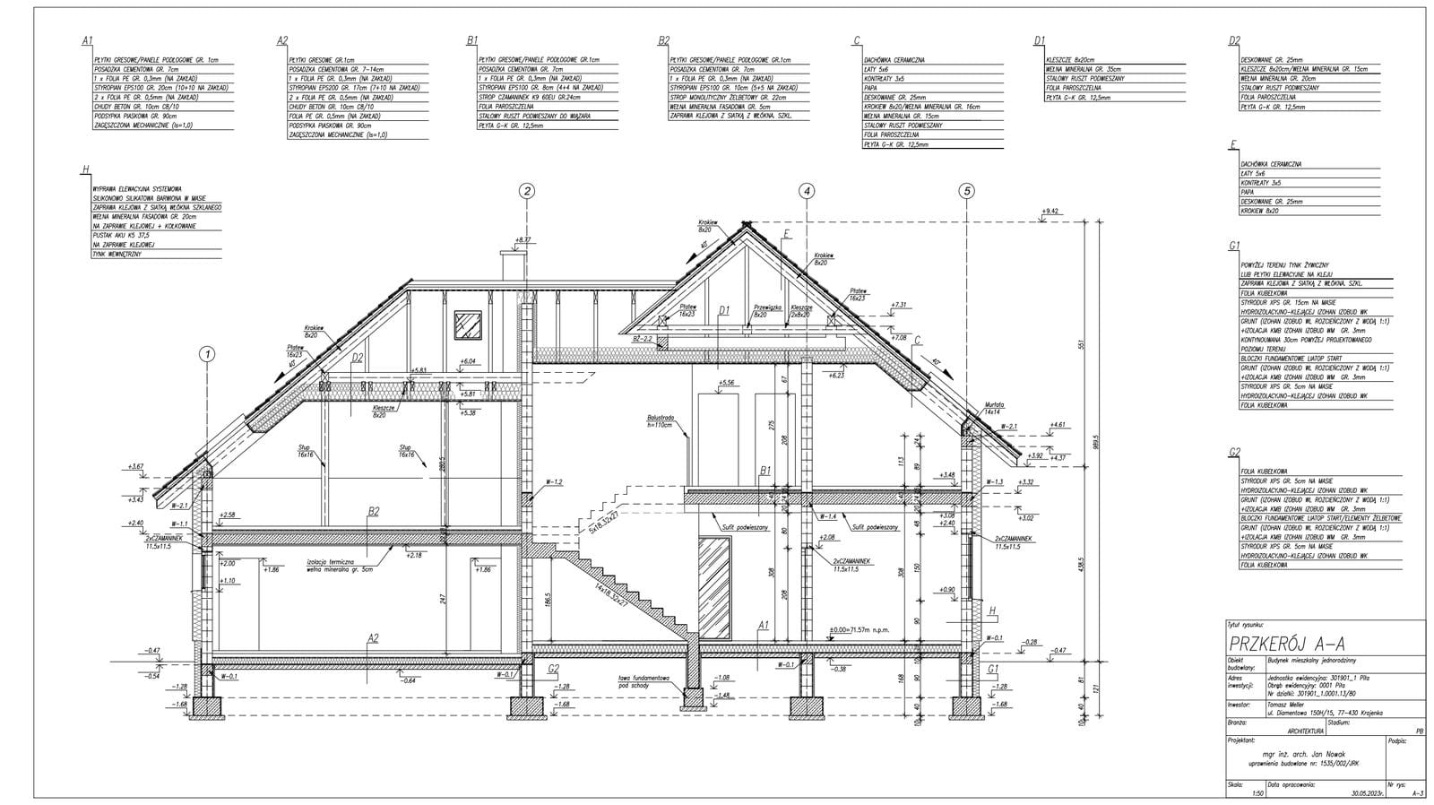 przekrój - Przekrój poprzeczny i podłużny - projekt domu jednorodzinnego ...