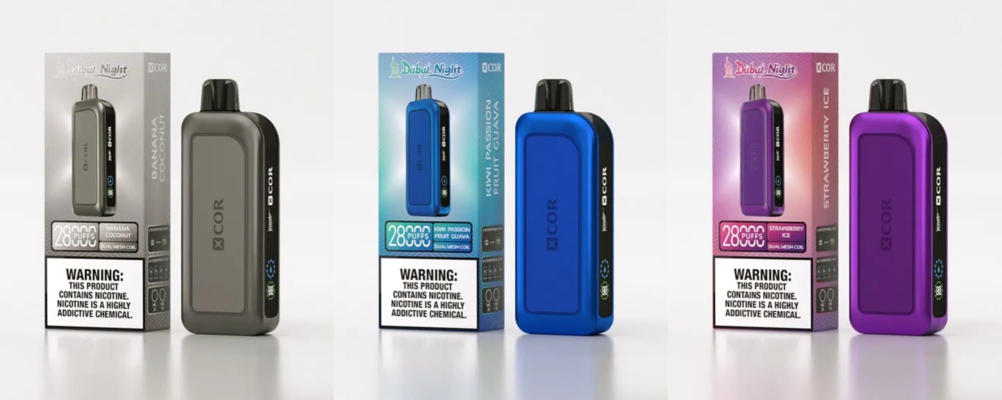 Xcor Dubai Night Hawaii Tyrant porównanie produktów, linie vape Xcor, e-papierosy Xcor obok siebie, tropikalne vs eleganckie vape - Xcor Dubai Night 28000: Smak, który uzależnia