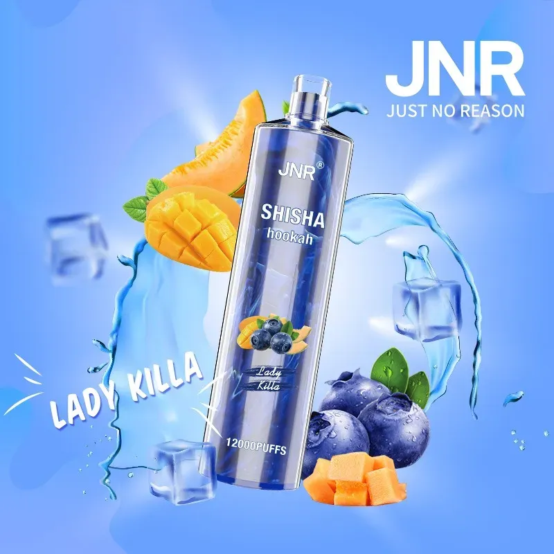 osoba wapująca, gęsta chmura pary, smak Lady Killa Blueberry Mango Cranberry Mint vape, doznania smakowe vape - JNR Shisha Hookah Vape - 12,000 Puffs - Lady Killa - 0...