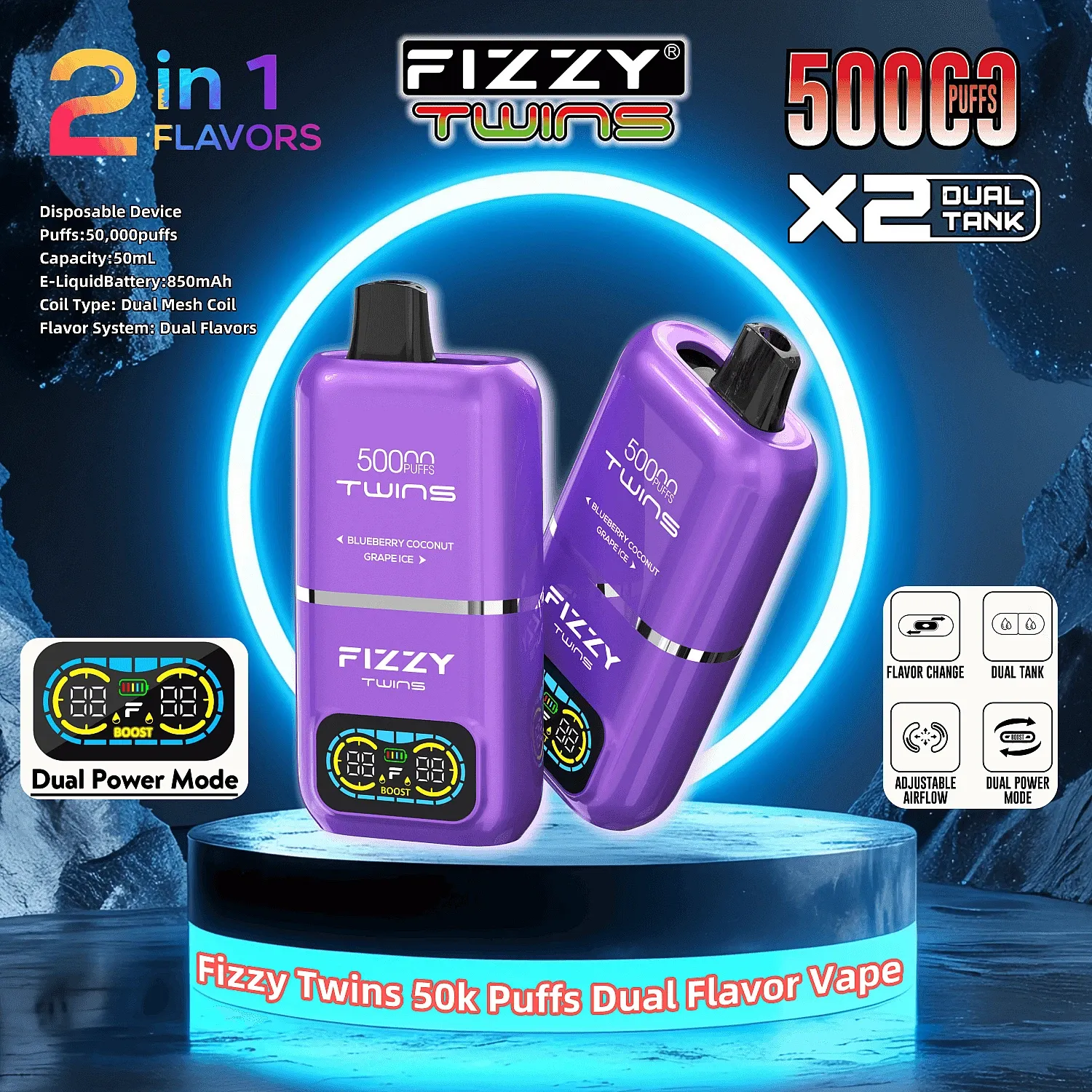 Fizzy Twins 50000 design, ergonomiczny e-papieros, nowoczesny vape, kolorowe jednorazówki - Gazowane Bliźniaki 50000 Puffów Podwójny Zbiornik Podwójne...