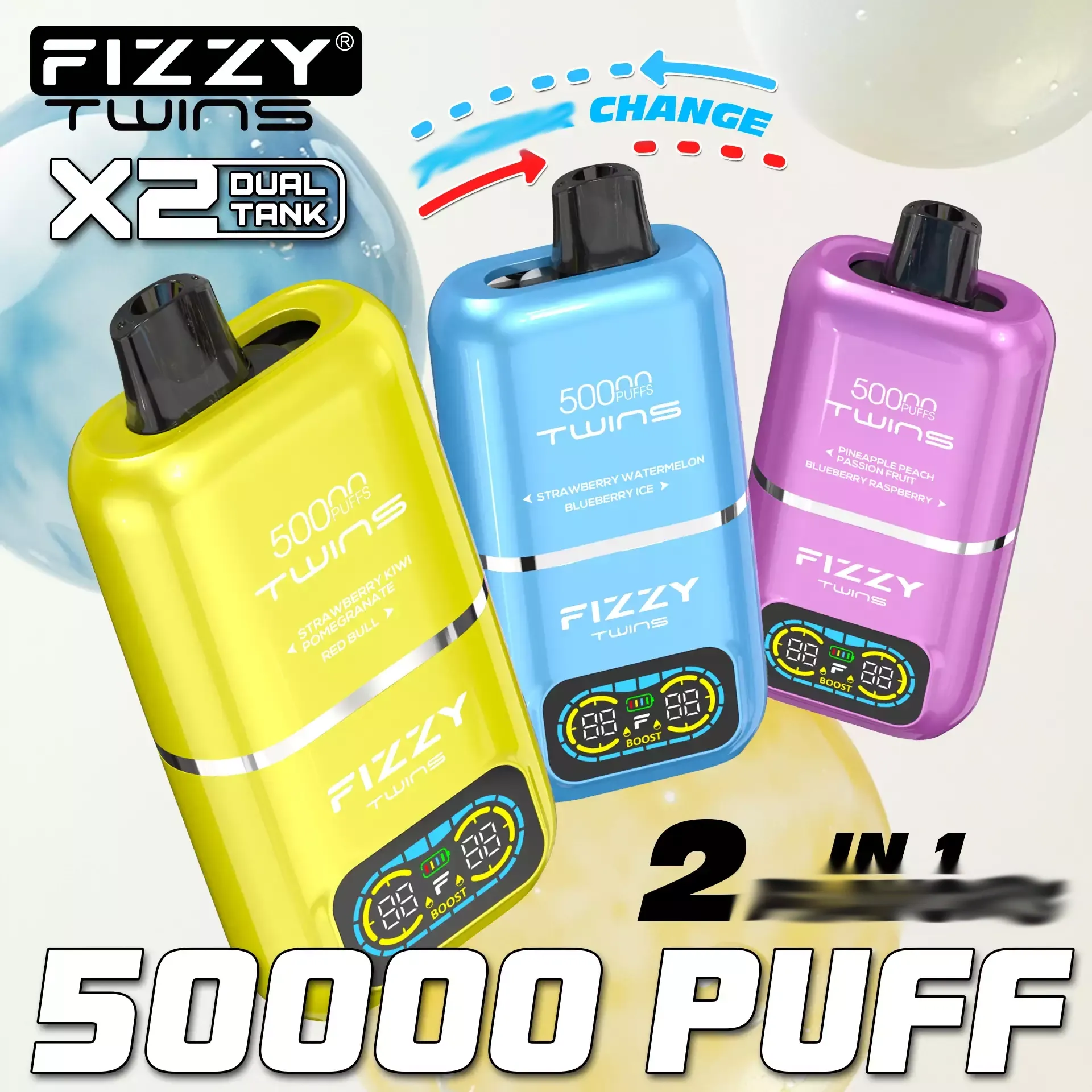 Fizzy Twins mechanizm dwóch smaków, przełącznik smaków vape, e-papieros z dwoma zbiornikami, innowacyjna jednorazówka - Fizzy Twins 50000 Puffs Double Taste Dual Tank 50K...
