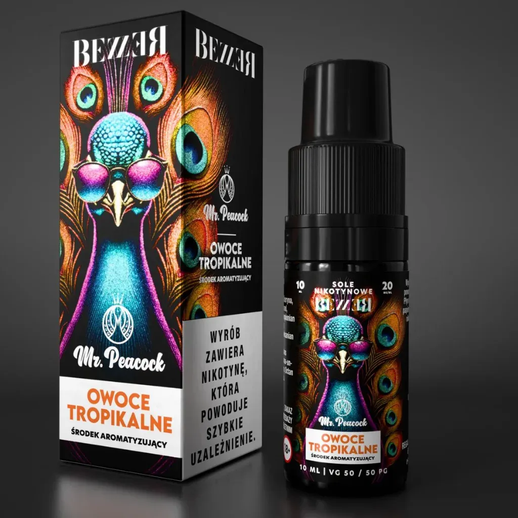 Tropikalne Sny vape, egzotyczne smaki e-liquid, wakacyjny vaping, owocowe mieszanki vape, raj smaków - Liquid Bezzer Mr. Peacock 10ml 20mg Salt Owoce Tropikalne