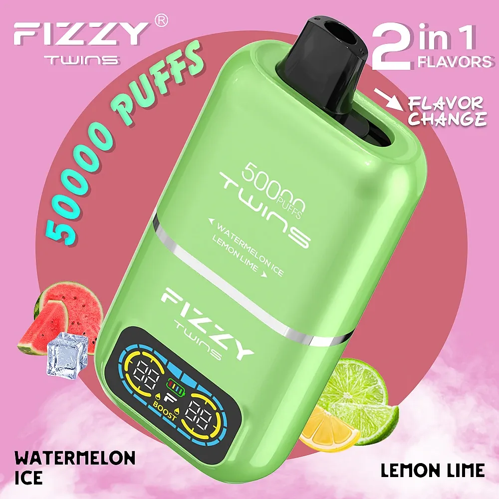 Fizzy Twins 50k smaki Watermelon Ice Lemon Lime, vape arbuz cytryna limonka, połączenie smaków e-papierosa, orzeźwiające smaki vape - Fizzy Twins 50000 Puffs Dual Flavor Disposable Vape...
