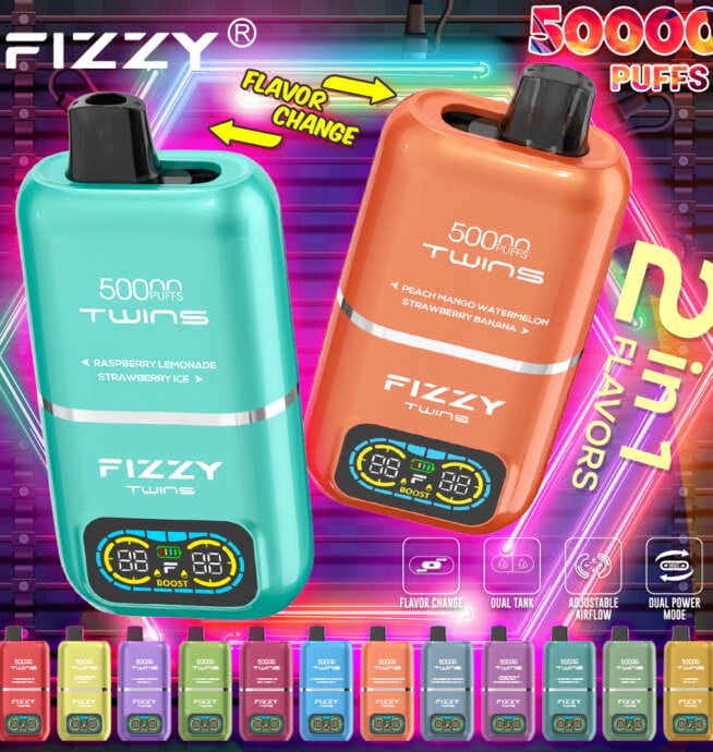 Fizzy Twins 50k ekran, wyświetlacz e-papierosa, vape z wskaźnikiem baterii i liquidu, interfejs użytkownika vape - Fizzy Twins 50000 50 tys. zaciągnięć, podwójne smaki ...