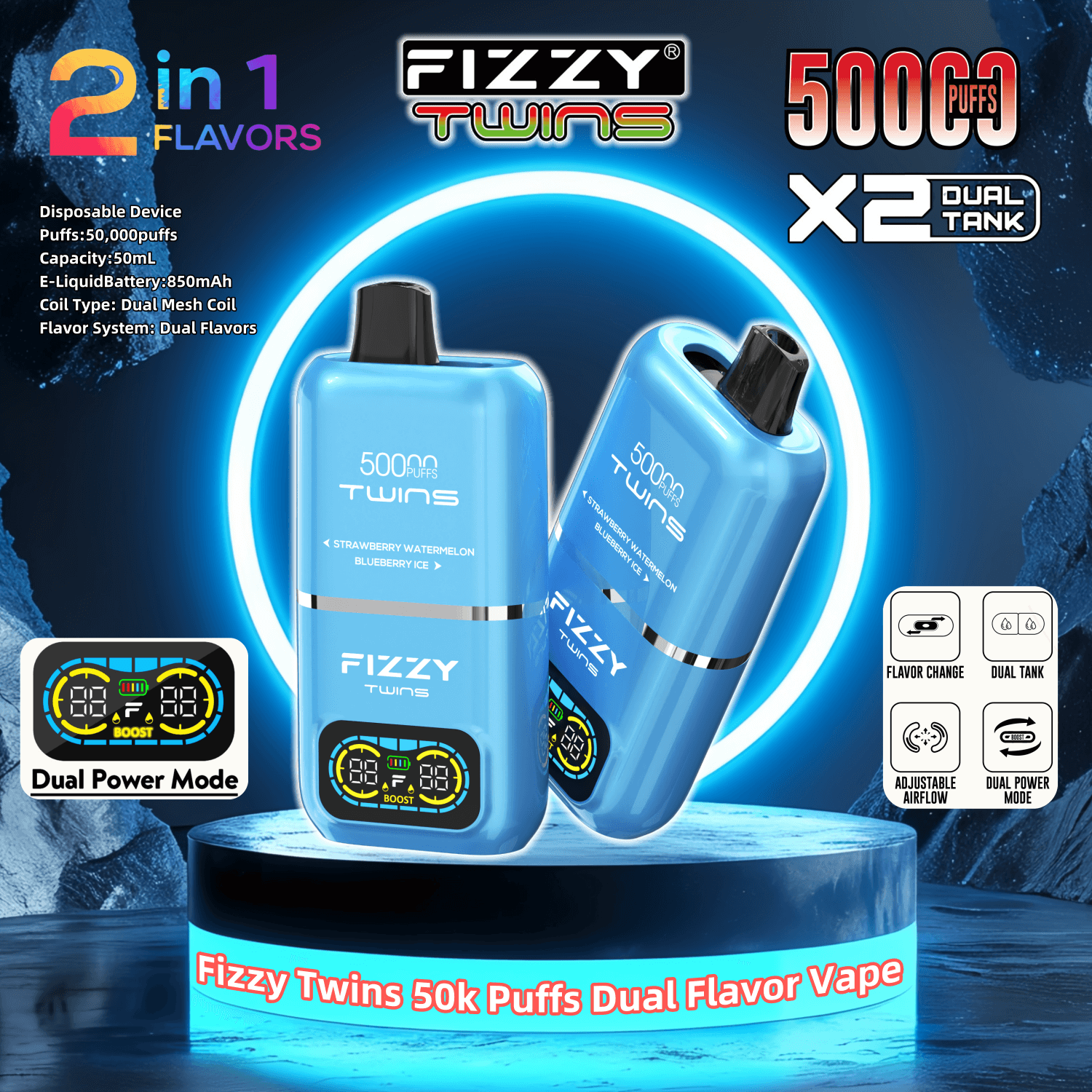 Fizzy Twins 50k analiza kosztów, oszczędność na waporyzatorze dual flavor, wartość jednorazowego vape, dwa smaki w cenie jednego - Fizzy Twins 50000 Puffs Double Taste Dual Tank 50K ...