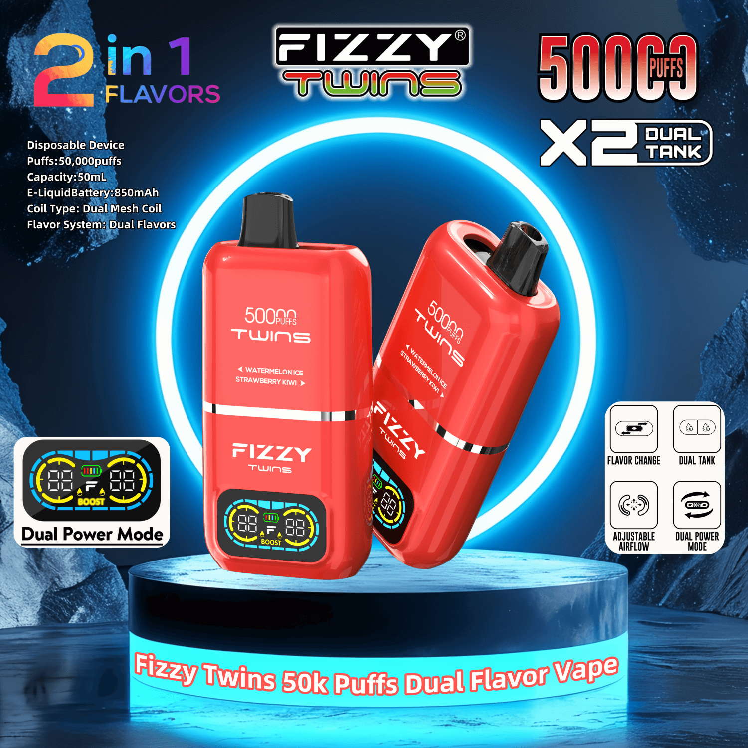 Fizzy Twins 50000 jednorazowy vape, innowacyjny e-papieros dwa smaki, rewolucja w wapowaniu - Fizzy Twins 50000 50k Puffs 2% 5% Nikotynowy podwójny smak...