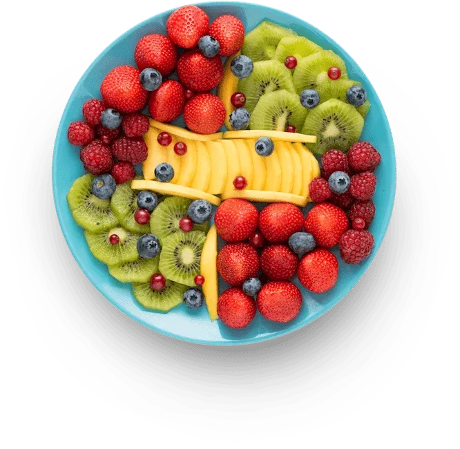 Kompozycja egzotycznych i soczystych owoców: kiwi, marakuja, guava, smoczy owoc, mango oraz owoce jagodowe, sugerująca złożone i intensywne miksy smaków e-papierosów.