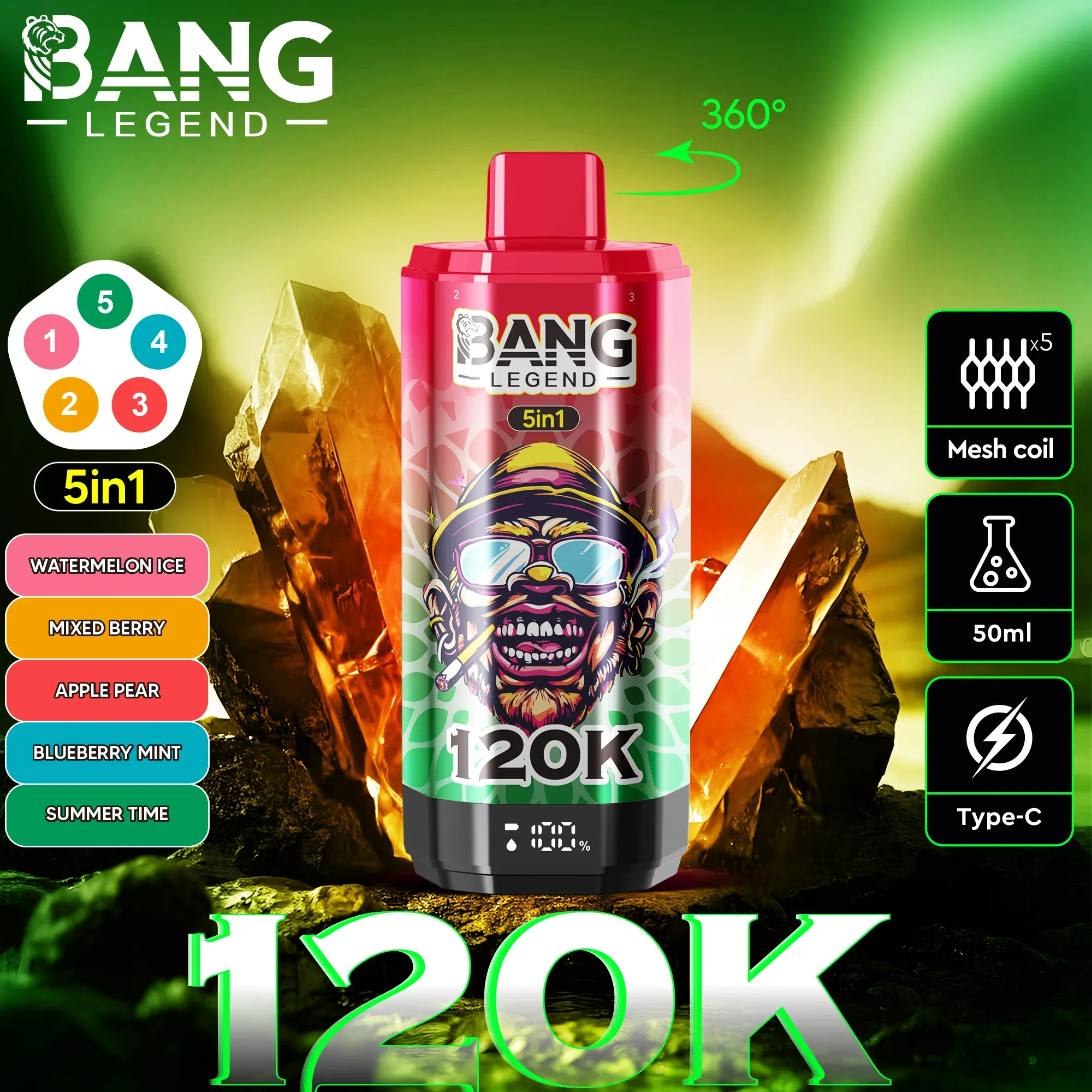 jednorazowy vape 850 mAh, bateria e-papierosa, ładowanie vape USB-C - Jednorazowy Vape Bang Legend 120K Puffs 5 w 1 smakach – dla...