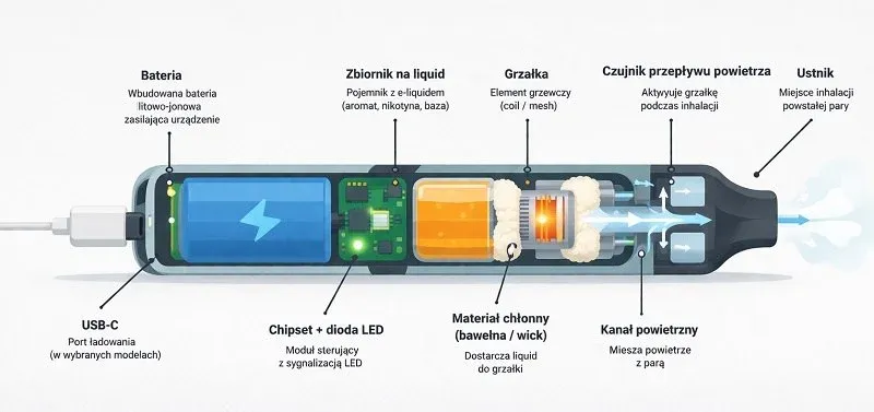 Schemat lub przekrój nowoczesnego e-papierosa jednorazowego, pokazujący jego zaawansowaną elektronikę, modułową budowę, system przepływu powietrza i duży zbiornik na e-liquid, wyjaśniający, jak tak wiele płynu mieści się w małej obudowie.