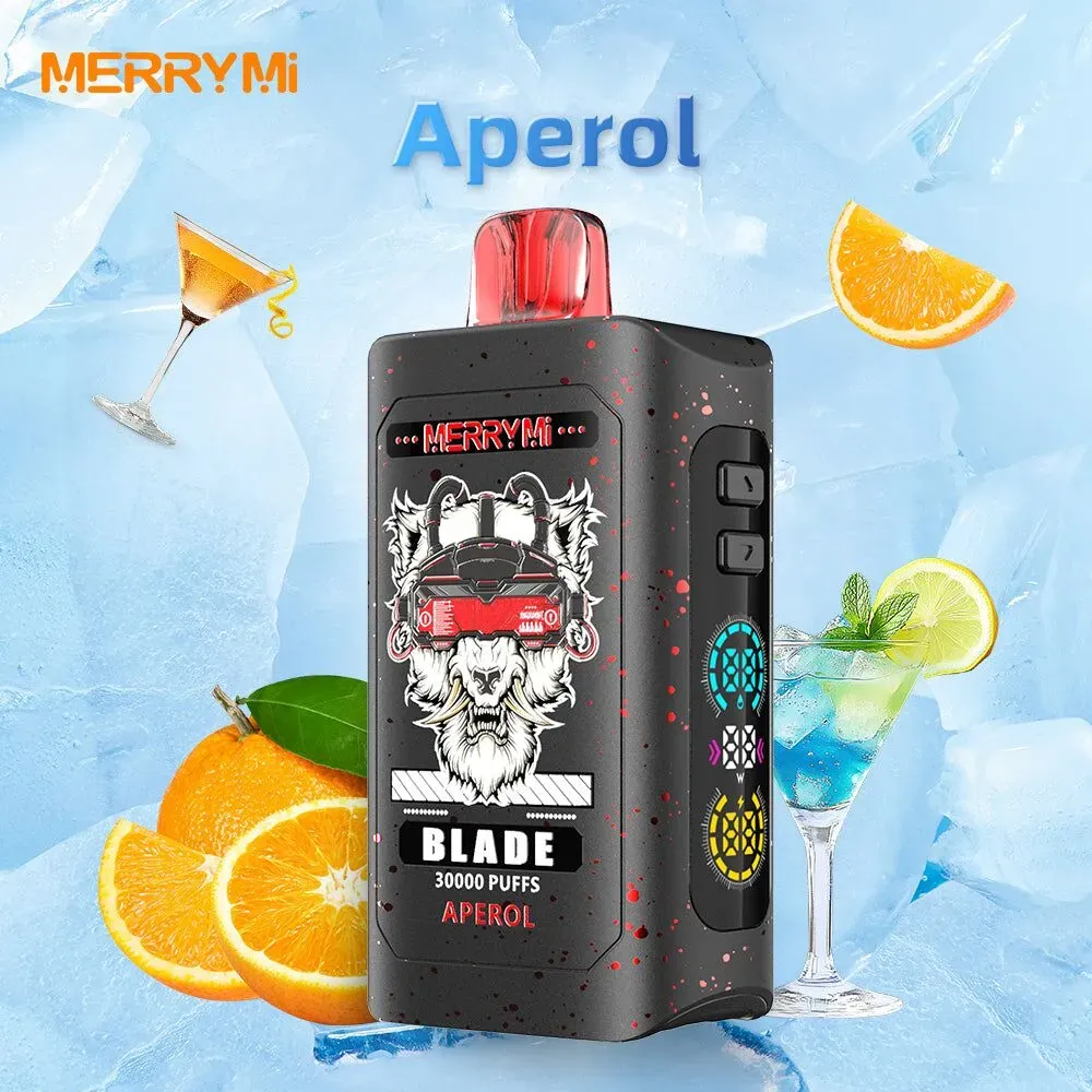 Zbliżenie na e-papieros MERRY MI Blade 30000 z widocznym portem ładowania USB-C, być może z elementami graficznymi nawiązującymi do smaku aperol.