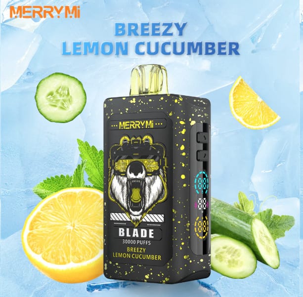 Nowoczesny e-papieros jednorazowy z serii Merry Mi Blade, charakteryzujący się dynamiczną, ergonomiczną bryłą i eleganckim wykończeniem, symbolizujący flagową wydajność.