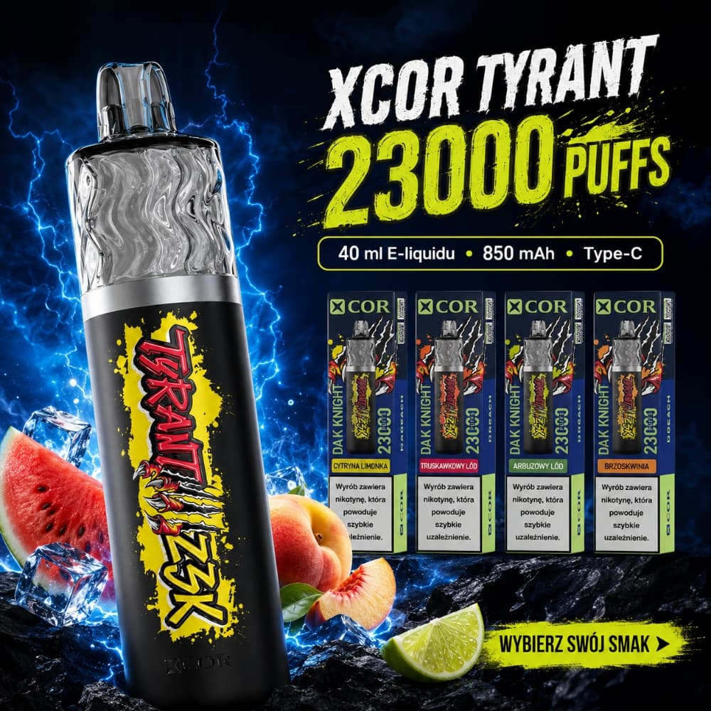 Świeże truskawki i kawałki arbuza obok e-papierosa Xcor Tyrant 23000, ilustrujące smak Strawberry Watermelon.