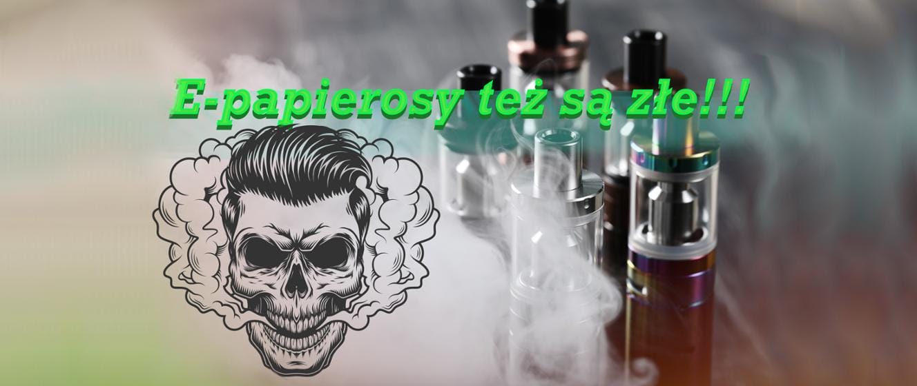 Grafika przedstawiająca toksyczne opary lub dym wydobywający się z przypalonego e-papierosa, z ostrzegawczymi symbolami chemicznymi lub przekreślonym znakiem