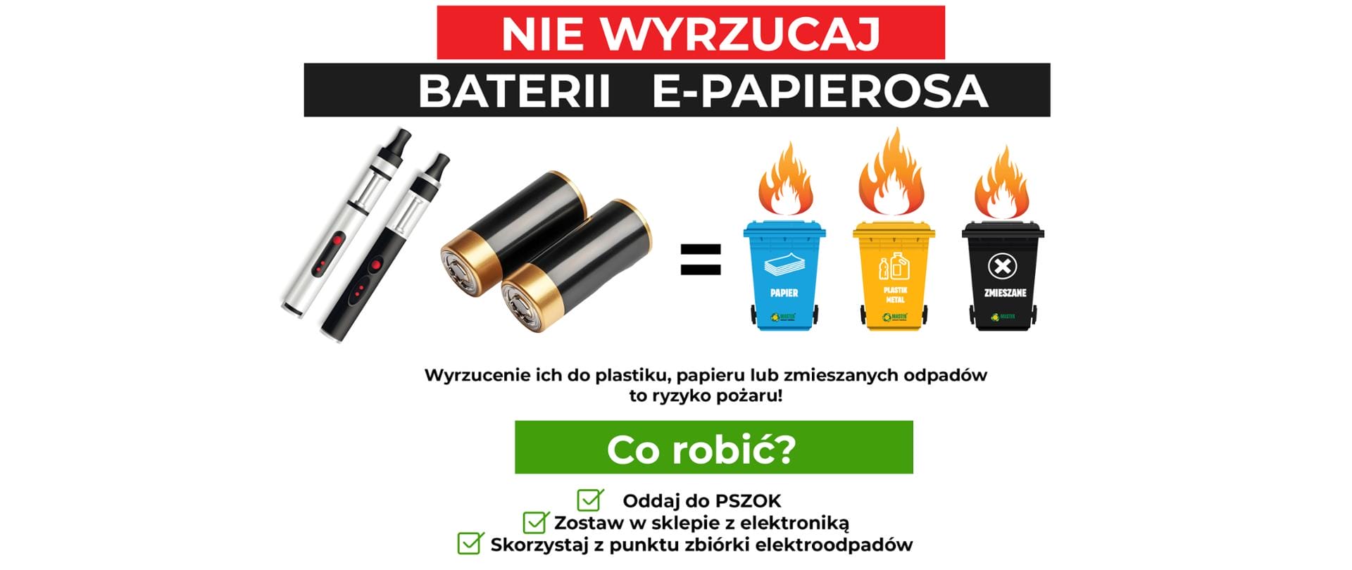 Kolaż lub ilustracja przedstawiająca zużyte e-papierosy jednorazowe i filtry papierosowe w stosie śmieci, z symbolem recyklingu elektroodpadów.