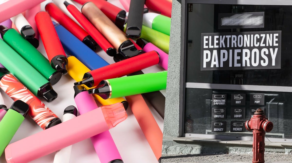 Mężczyzna w garniturze patrzący na zegarek, obok jednorazowy e-papieros, symbolizujący pośpiech i potrzebę szybkiej przerwy w pracy.