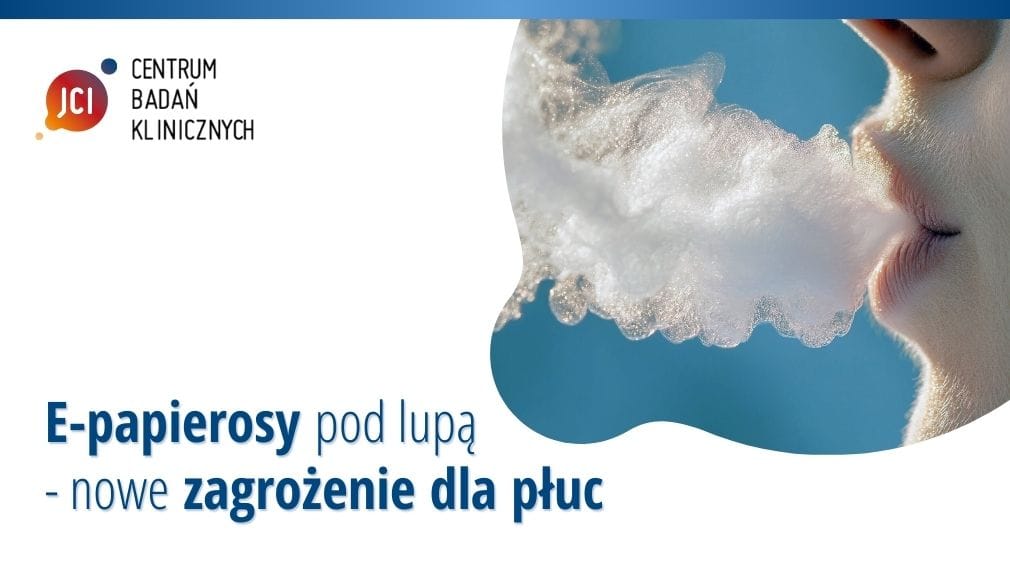 Graficzny schemat przedstawiający uszkodzenie warstwy surfaktantu płucnego przez podgrzane cząsteczki aromatów z e-papierosa, prowadzące do zmniejszenia elastyczności płuc.