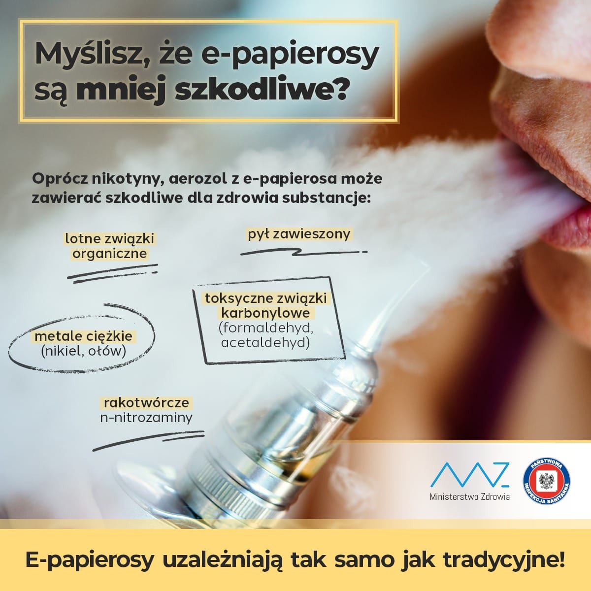 Zbliżenie na etykietę butelki z e-liquidem lub opakowania e-papierosa jednorazowego, z wyraźnie widocznym składem chemicznym, stężeniem nikotyny i proporcjami PG/VG.