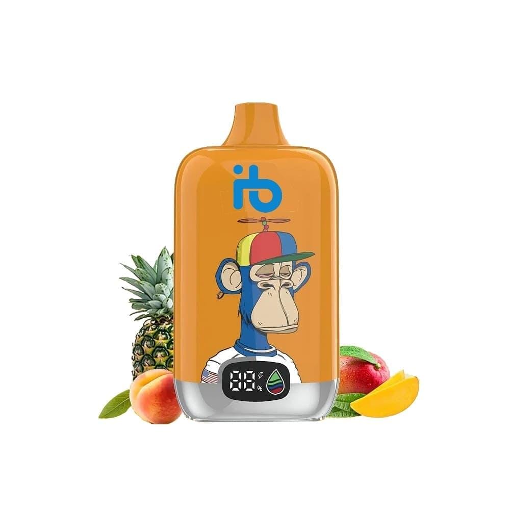 E-papieros jednorazowy z ilustracją mango, otoczony świeżymi, pokrojonymi owocami mango, ananasa i marakui, sugerując egzotyczny profil smakowy.