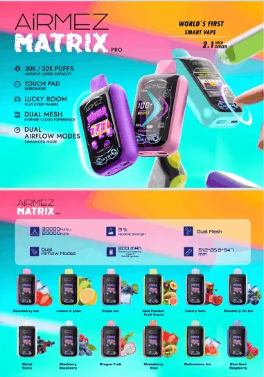 Zbliżenie na jednorazowy e-papieros Airmez Lux 60000 Puffs z eleganckim, zakrzywionym ekranem panoramicznym o wysokiej rozdzielczości.