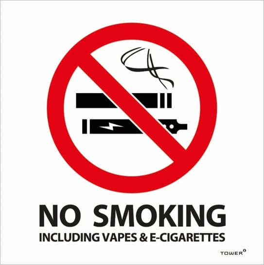 Znak zakazu używania e-papierosów (lub ogólny zakaz palenia/vapingu) widoczny w kabinie samolotu lub na tabliczce informacyjnej.