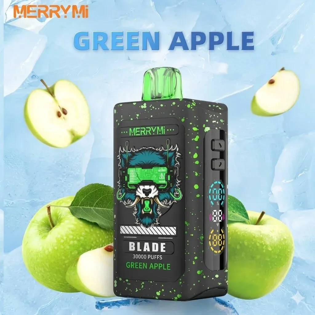 Zbliżenie na nowoczesny e-papieros Merry-Mi Blade 30k z widocznym wyświetlaczem LED pokazującym poziom baterii i liquidu, oraz portem USB-C do ładowania. Możliwe delikatne rozmycie tła.