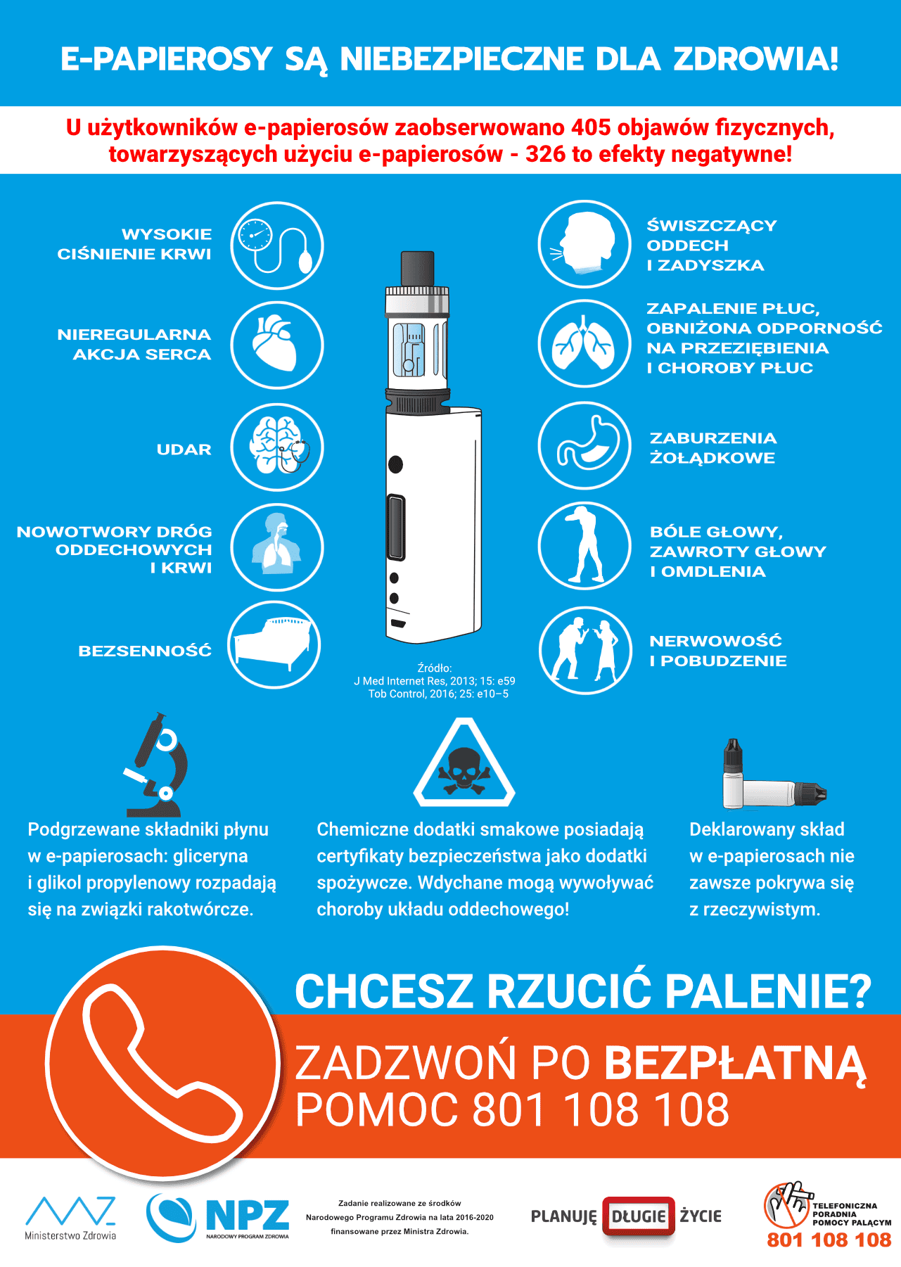 Grafika przedstawiająca zagrożenia związane z niekontrolowanymi e-papierosami: pęknięta bateria e-papierosa, symbol toksyczności na e-liquidzie, lub znak ostrzegawczy z dymem, sugerująca ryzyko dla zdrowia i bezpieczeństwa.