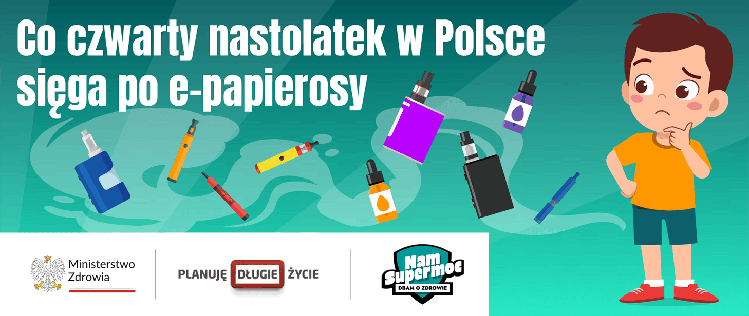 Grupa młodych ludzi, nastolatków, używających kolorowych, atrakcyjnie wyglądających e-papierosów jednorazowych, podkreślająca ich popularność wśród młodzieży i społeczne konsekwencje.