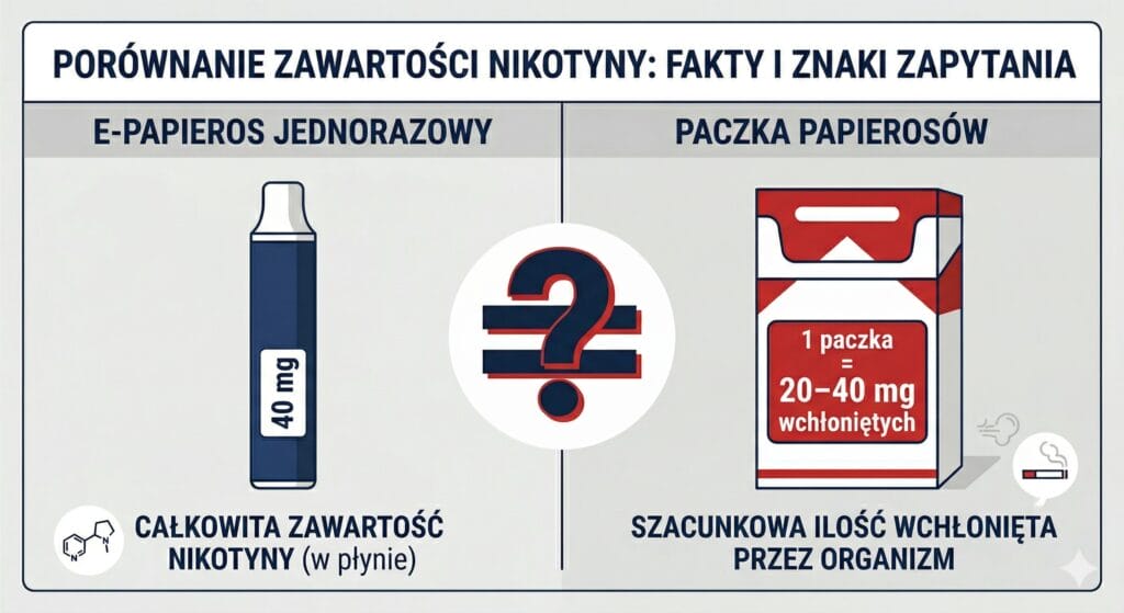 Zbliżenie na jednorazowy e-papieros, na którym wyraźnie widoczne są oznaczenia stężenia nikotyny w mg/ml i procentach.
