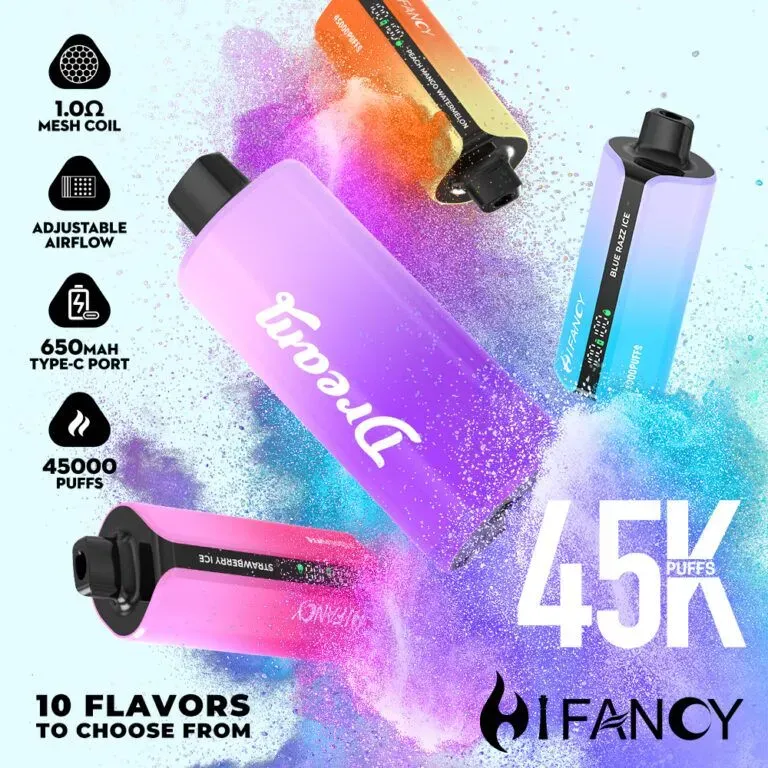 Nowoczesny, zaawansowany e-papieros jednorazowy z dużą wydajnością, taki jak Airmez Lux 60000 Puffs, leżący obok kompaktowego modelu, podkreślający różnicę w wielkości i technologii.