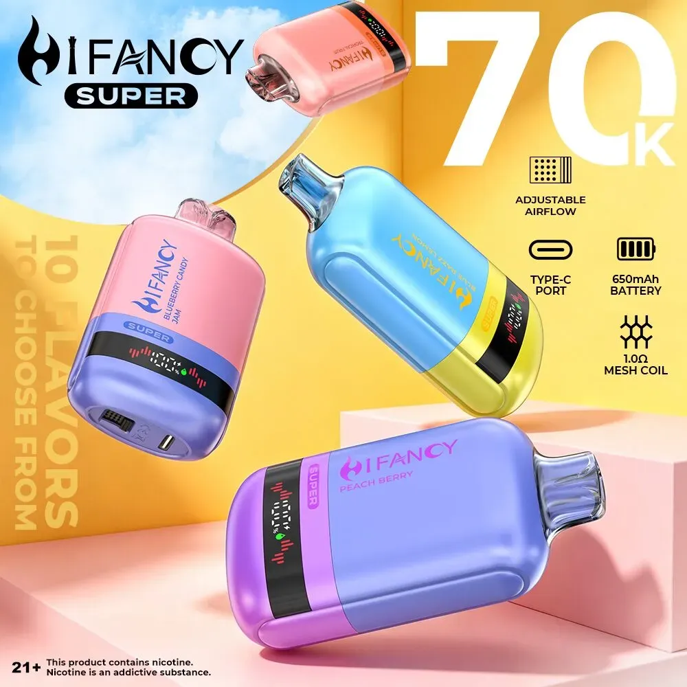 Dłoń trzymająca e-papieros Hifancy SUPER 70000, prezentująca jego ergonomiczny kształt i kompaktowy rozmiar, sugerujący łatwość przenoszenia i dopasowanie do dłoni.