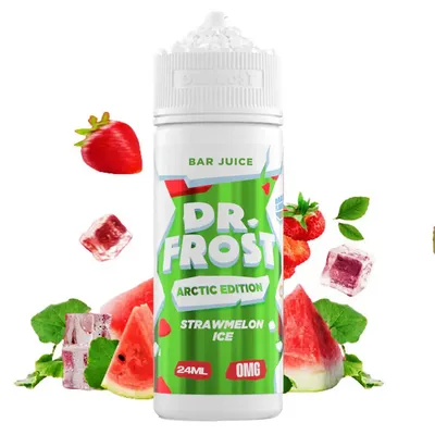 Truskawki i kawałki melona otoczone lodem lub szronem, z subtelnie widoczną buteleczką liquidu Strawmelon Ice, sugerującą mroźny efekt.
