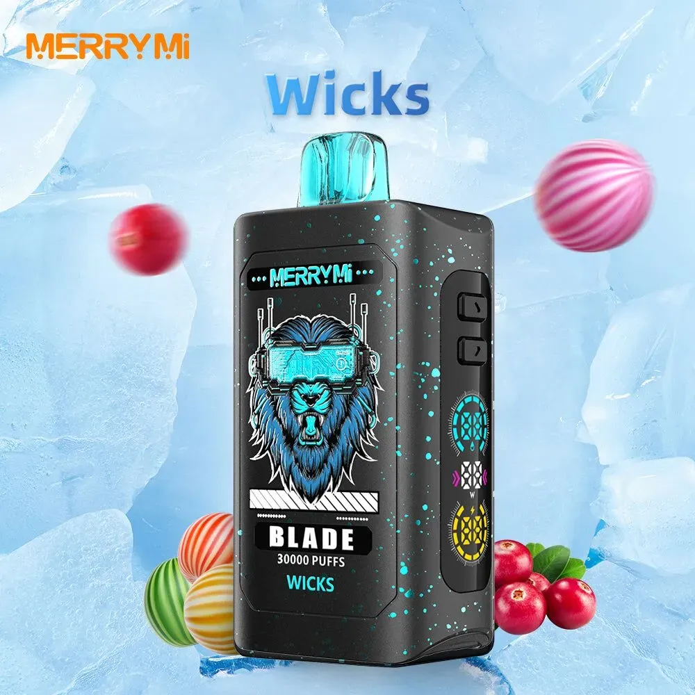 E-papieros jednorazowy Merry Mi Blade 30000 Puffs z widocznym cyfrowym ekranem pokazującym poziom płynu i baterii, leżący na gładkim tle.
