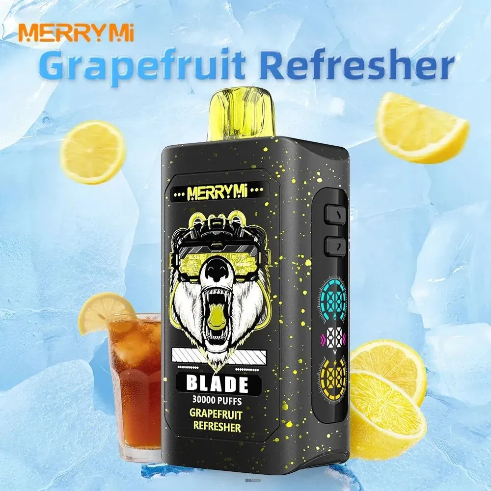 Zdjęcie jednorazowego e-papierosa Merrymi Blade 30000 Puffs, podkreślające jego zaawansowany design i rozmiar, symbolizujące próg dla wymagających użytkowników.