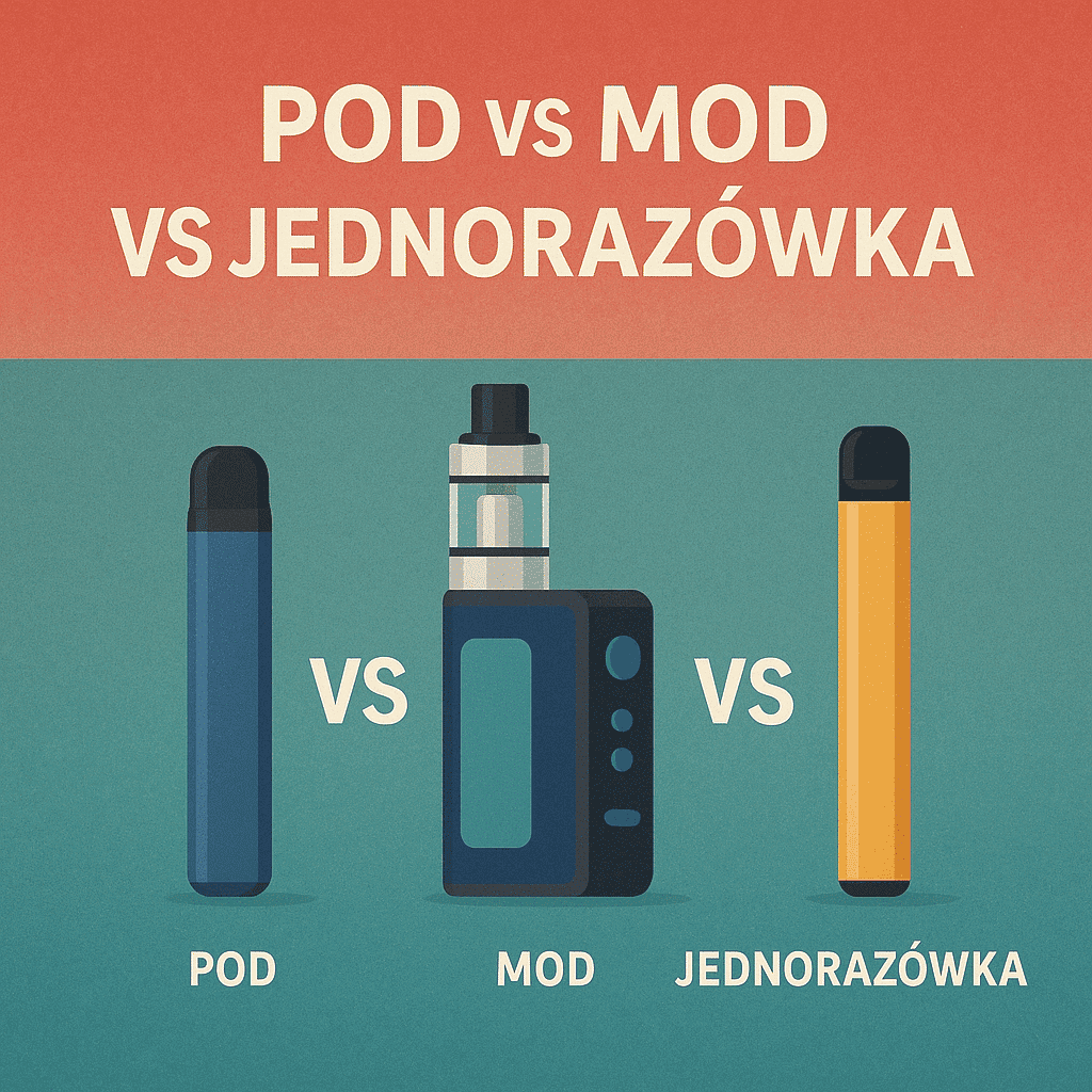 Obrazek przedstawiający obok siebie mały jednorazowy e-papieros i prosty, mały system pod z wymiennym liquidem, symbolizujący przejście na bardziej kontrolowaną alternatywę.
