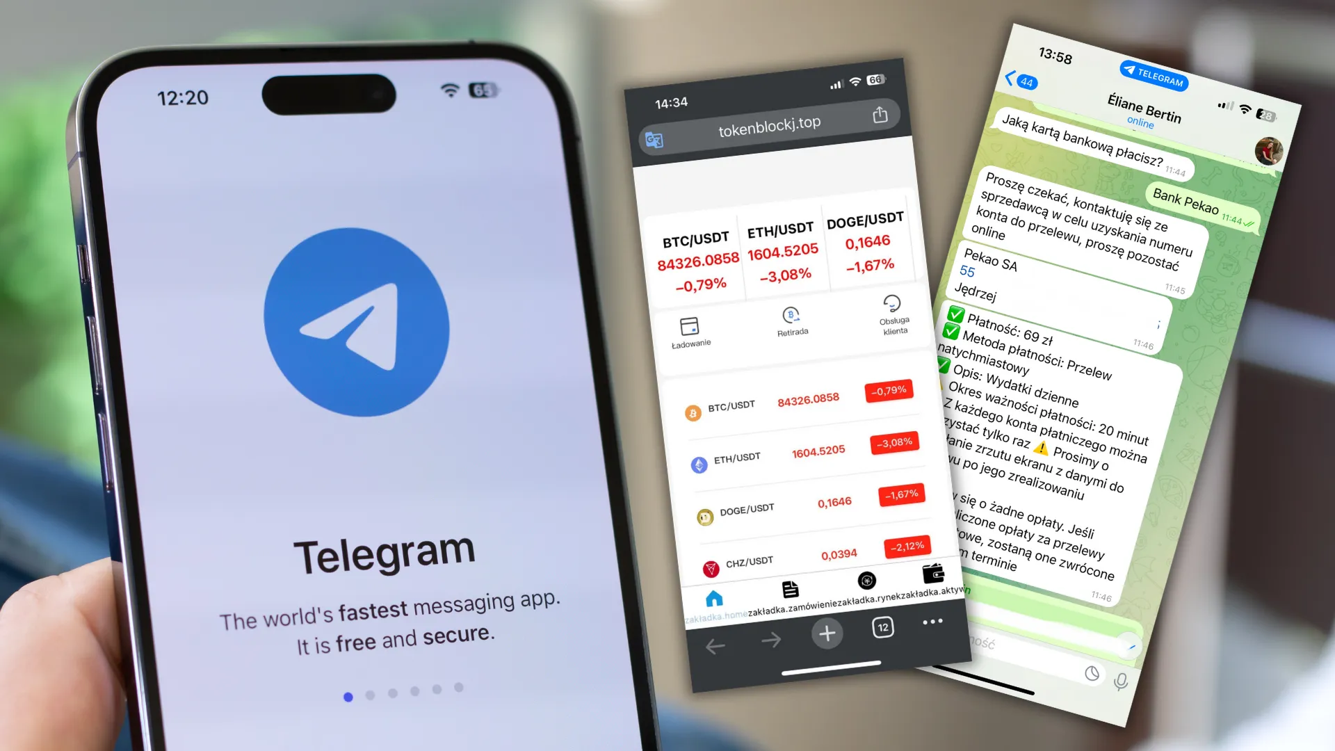 Ręka trzymająca smartfon z ekranem przedstawiającym logo BLIK lub ikonę kryptowaluty, a w tle zamazana ikona Telegramu. Grafika powinna sugerować oszustwo finansowe, np. poprzez negatywne kolory lub symbol zagrożenia.