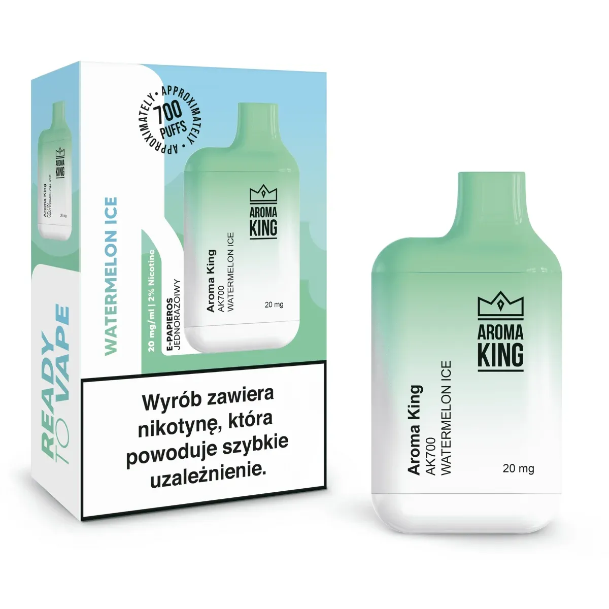E-papieros jednorazowy o smaku Watermelon Ice, otoczony kawałkami świeżego arbuza, kostkami lodu i subtelnym efektem chłodzenia.