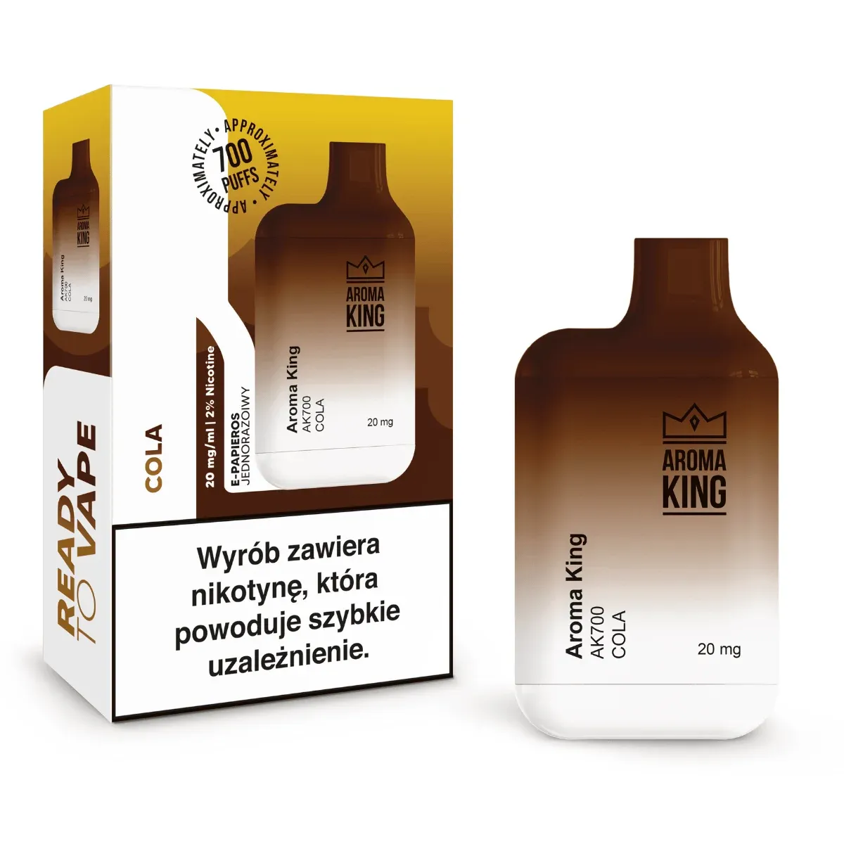 E-papieros jednorazowy umieszczony wśród szklanek z napojami gazowanymi, takimi jak cola, lemoniada i napój energetyczny, z bąbelkami unoszącymi się wokół, symbolizujący smaki napojowe.