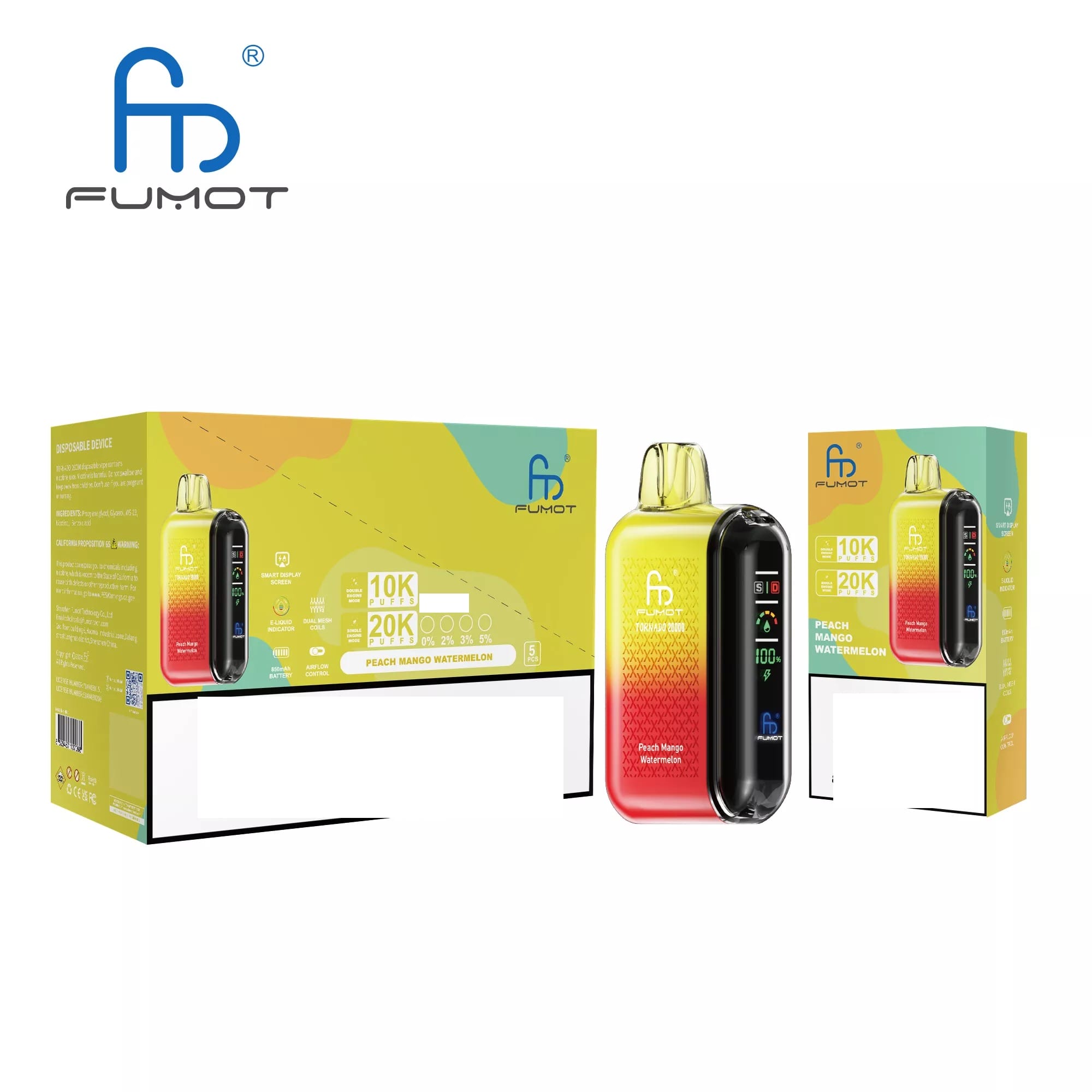 Nowoczesny e-papieros jednorazowy Fumot Tornado 20000 w dłoni, prezentujący elegancki, minimalistyczny design z gradientowym wykończeniem.