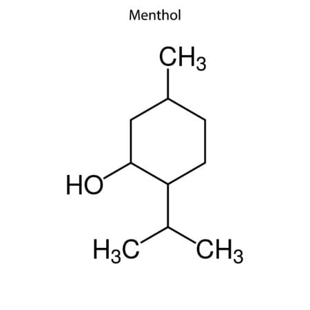 Wizualizacja struktury chemicznej cząsteczki mentolu (C₁₀H₂₀O) z kryształami mentolu w tle, podkreślająca jego organiczną naturę.