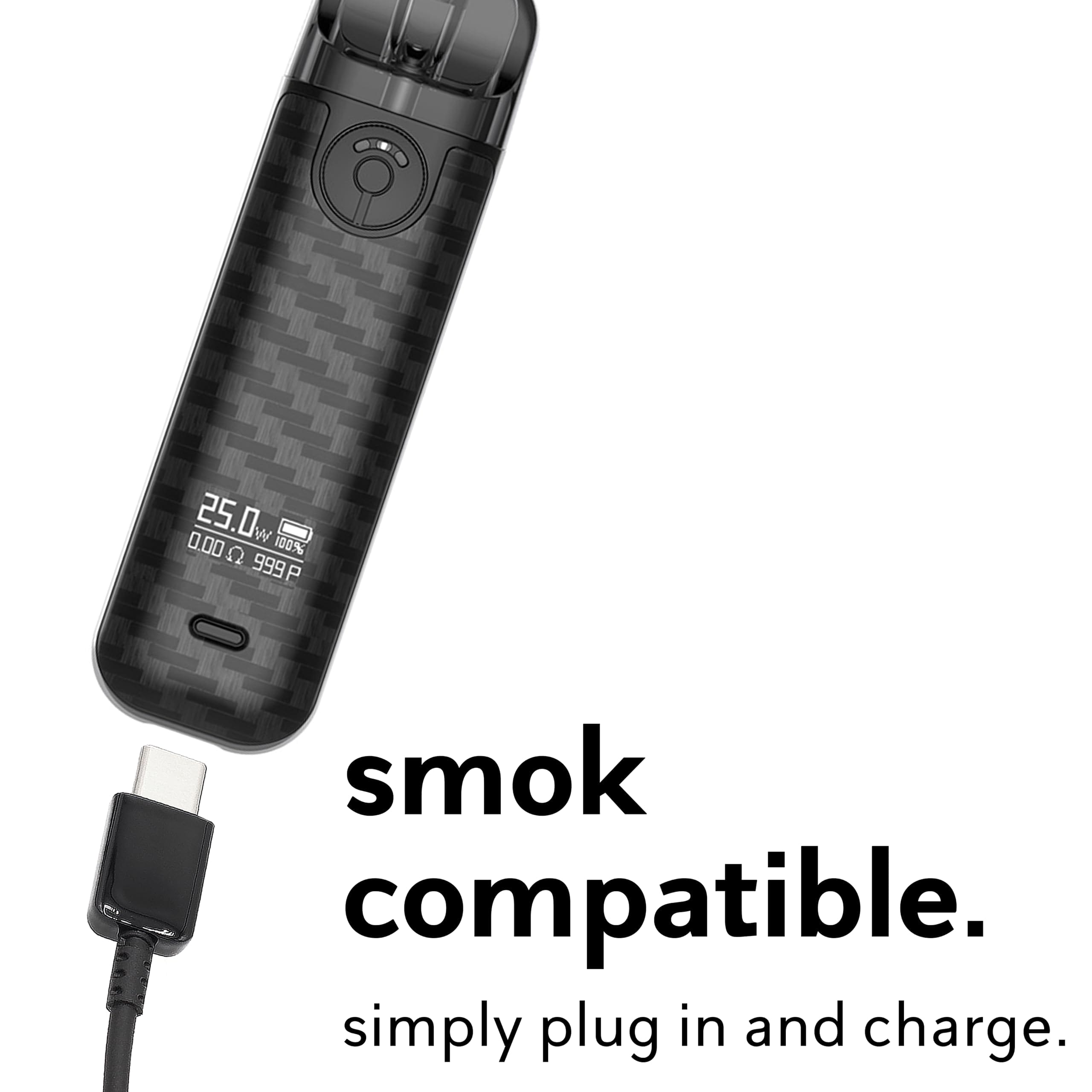 Jednorazowy e-papieros z portem USB-C podłączony do kabla ładowarki, z wyraźnie widoczną migającą diodą LED sygnalizującą aktywny proces uzupełniania energii.