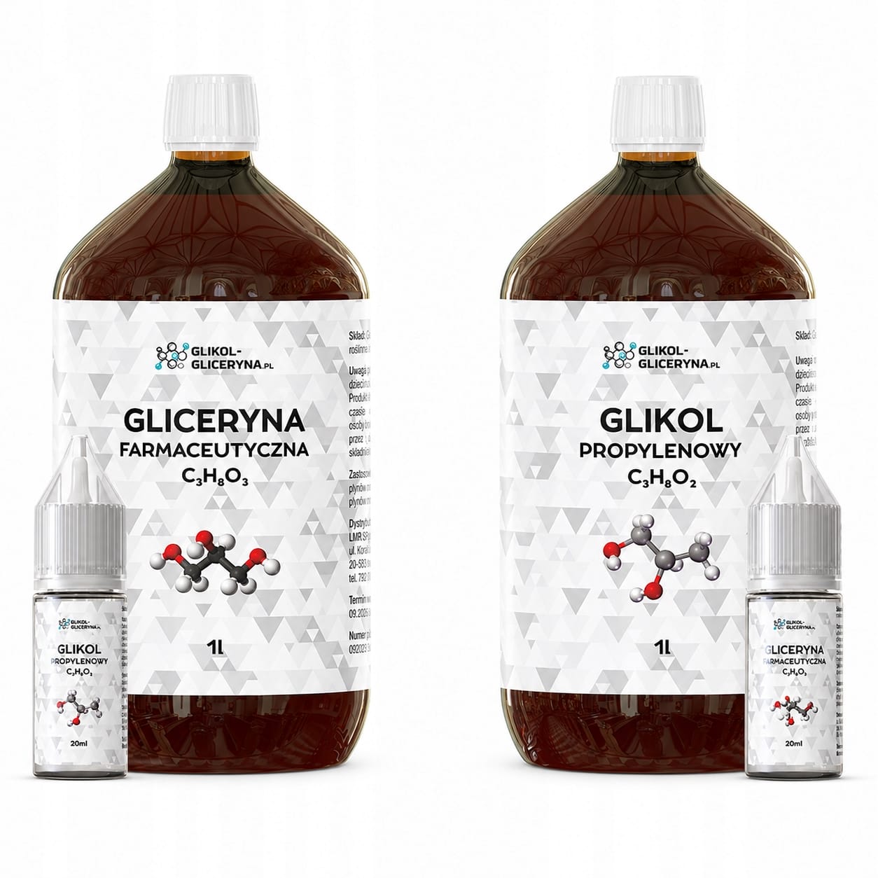 Dwie butelki liquidów do e-papierosów, jedna z etykietą PG i wizualizacją rzadkiej konsystencji, druga z etykietą VG i wizualizacją gęstej konsystencji, obok siebie na jasnym tle.
